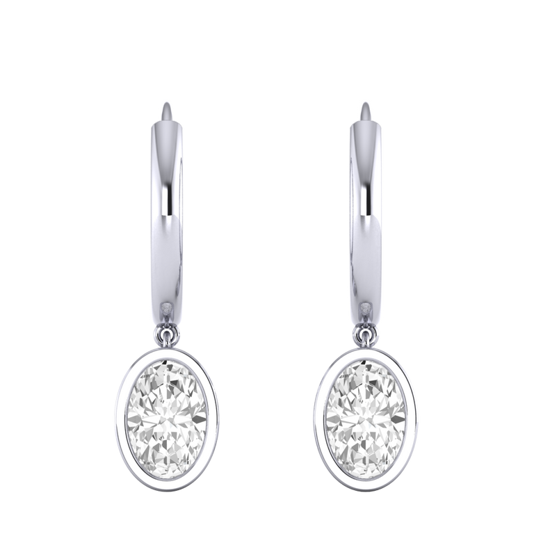 Bezel Drop Oval Solar Diamond 18K White Gold Earrings