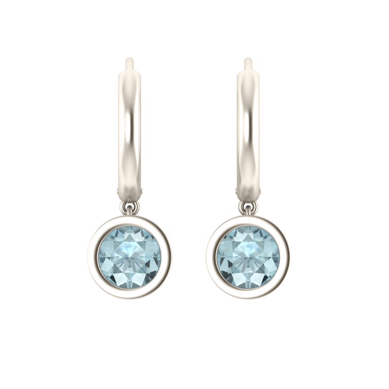 Bezel Drop Round Cut Aquamarine 18K White Gold Earrings