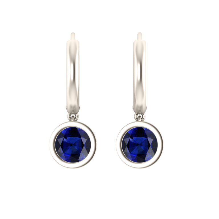 Bezel Drop Round Blue Sapphire 18K White Gold Earrings