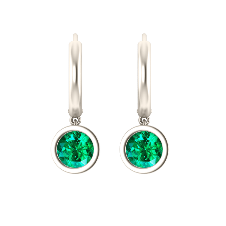 Bezel Drop Round Emerald 18K White Gold Earrings