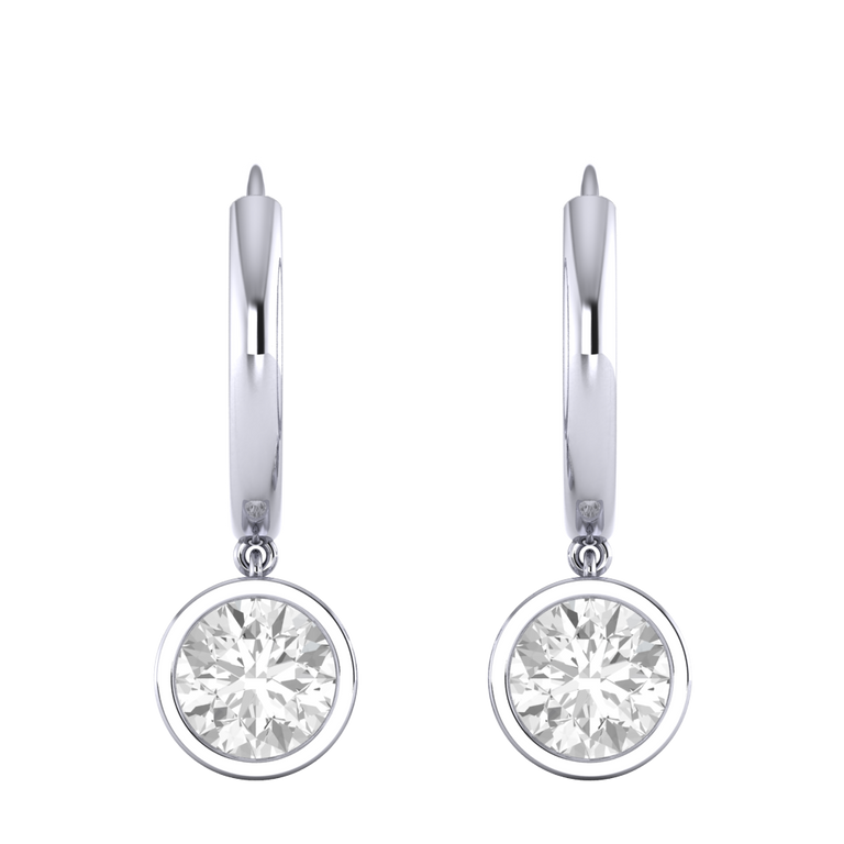 Bezel Drop Round Solar Diamond 18K White Gold Earrings