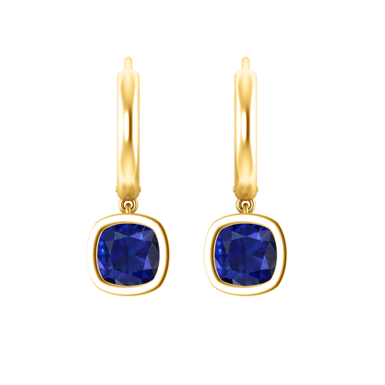 Bezel Drop Cushion Cut Blue Sapphire 18K Yellow Gold Earrings