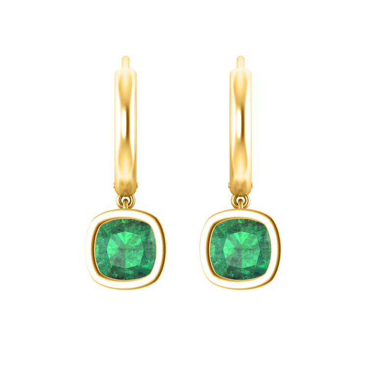 Bezel Drop Cushion Emerald 18K Yellow Gold Earrings