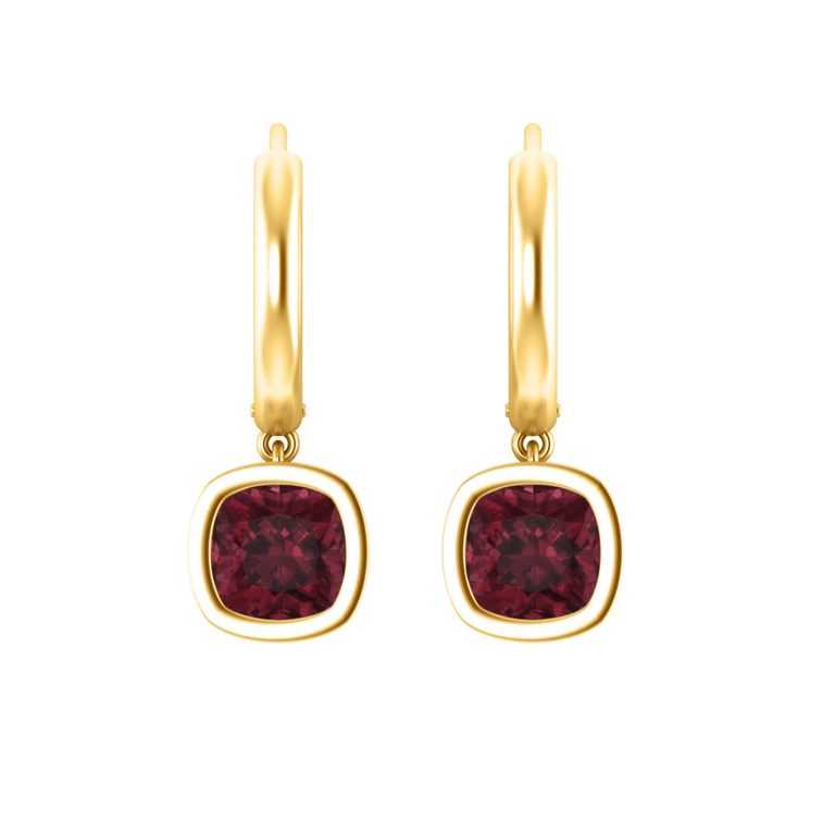 Bezel Drop Cushion Garnet 18K Yellow Gold Earrings