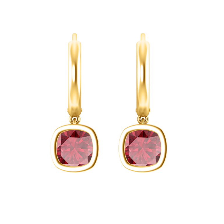 Bezel Drop Cushion Ruby 18K Yellow Gold Earrings