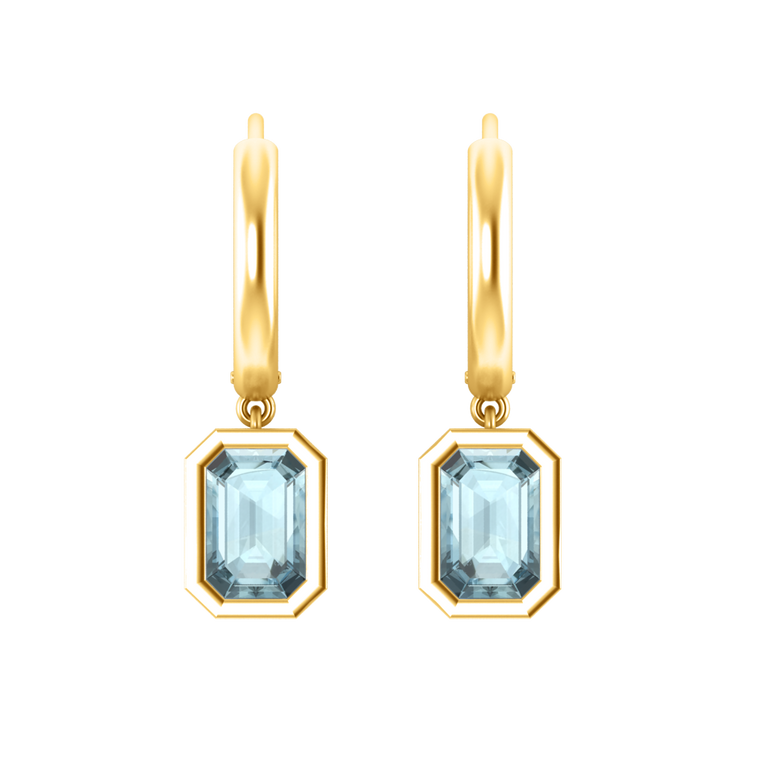 Bezel Drop Emerald Aquamarine 18K Yellow Gold Earrings