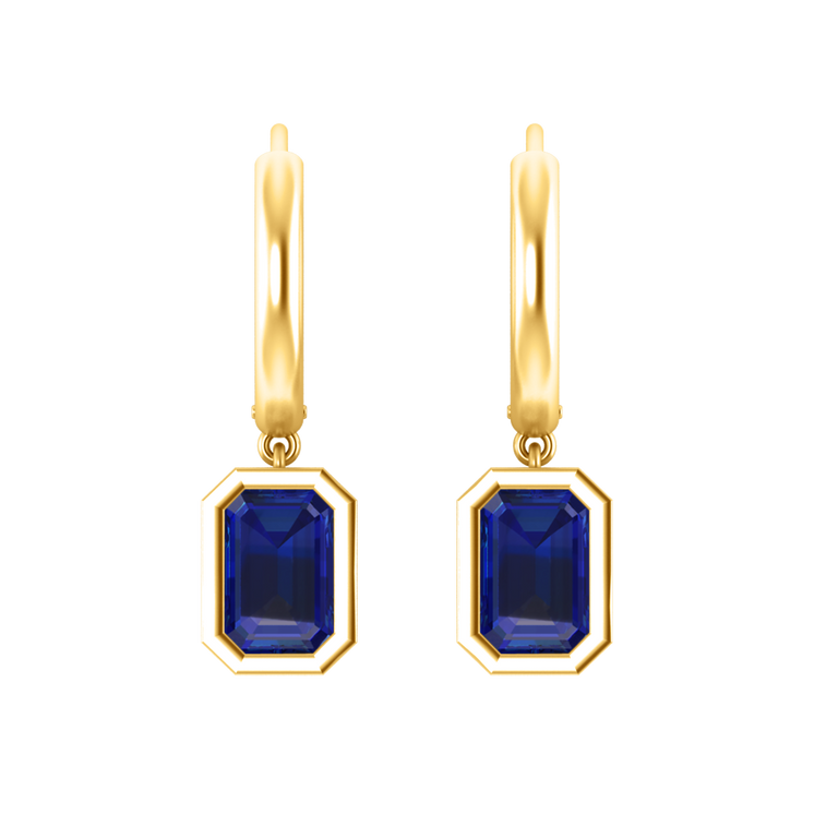 Bezel Drop Emerald Blue Sapphire 18K Yellow Gold Earrings