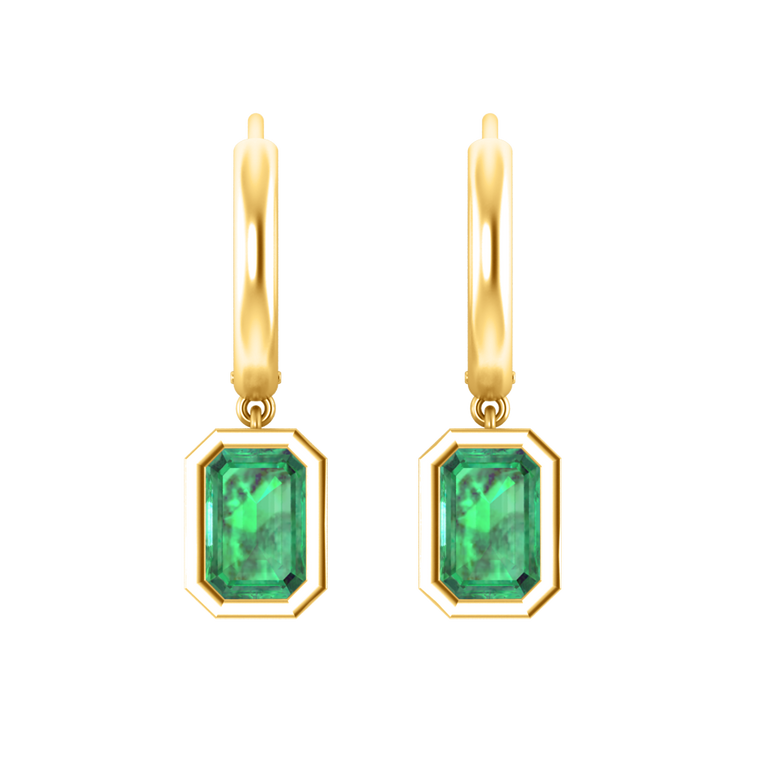 Bezel Drop Emerald Cut Emerald 18K Yellow Gold Earrings