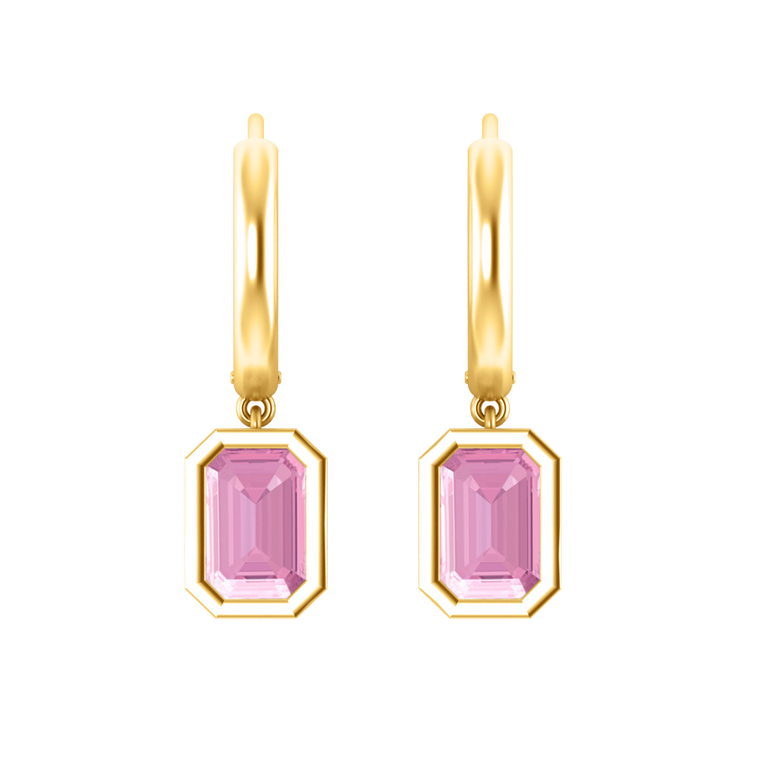 Bezel Drop Emerald Cut Pink Sapphire 18K Yellow Gold Earrings