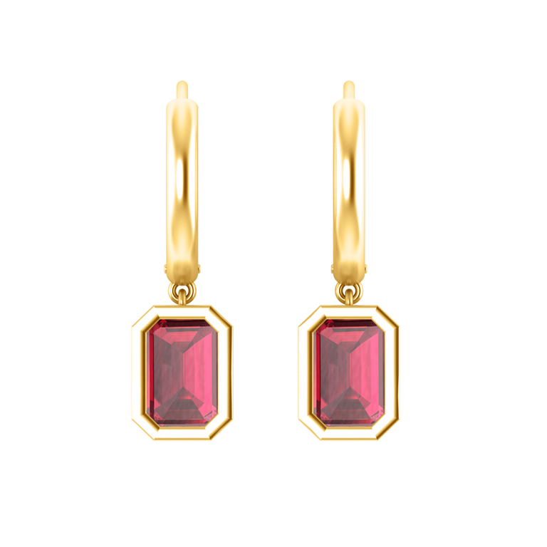 Bezel Drop Emerald Ruby 18K Yellow Gold Earrings