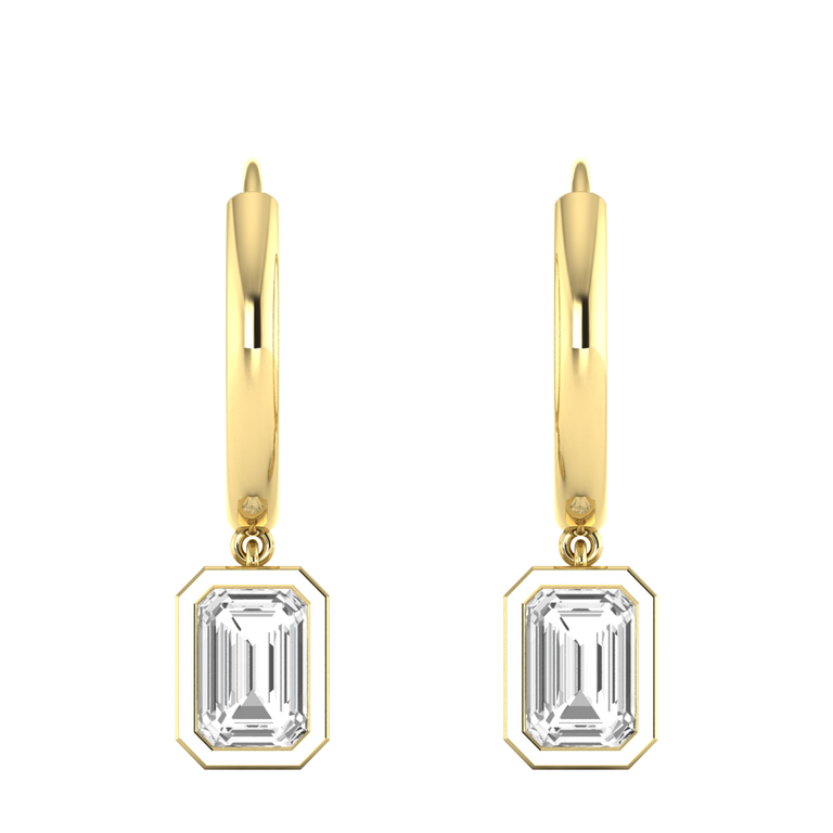 Bezel Drop Emerald Cut Solar Diamond 18K Yellow Gold Earrings
