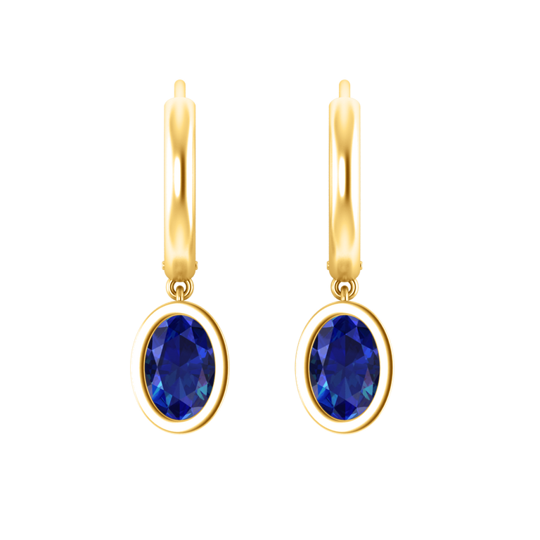 Bezel Drop Oval Blue Sapphire 18K Yellow Gold Earrings