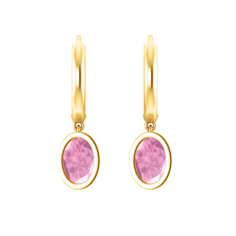 Bezel Drop Oval Pink Sapphire 18K Yellow Gold Earrings