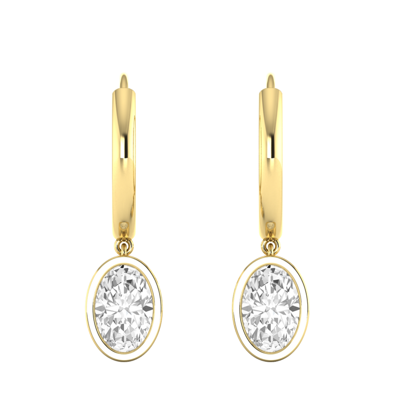 Bezel Drop Oval Cut Solar Diamond 18K Yellow Gold Earrings