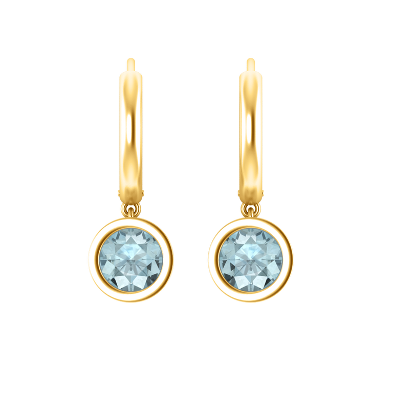 Bezel Drop Round Cut Aquamarine 18K Yellow Gold Earrings