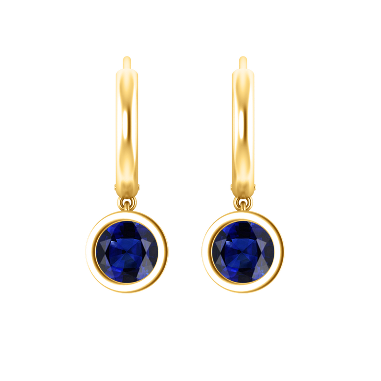 Bezel Drop Round Cut Blue Sapphire 18K Yellow Gold Earrings