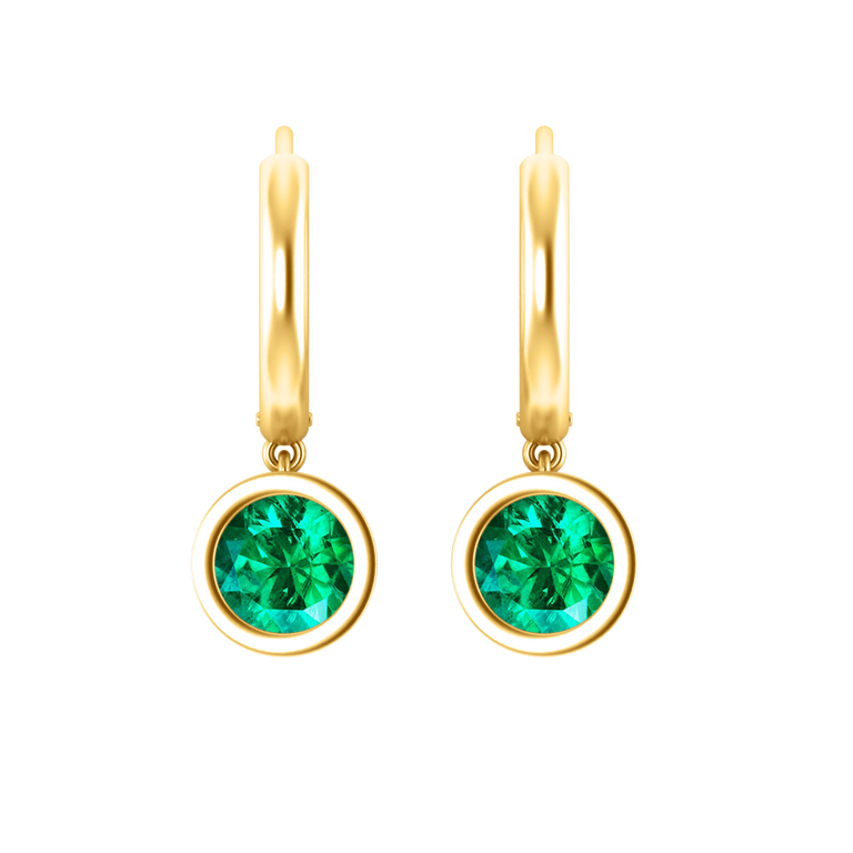 Bezel Drop Round Emerald 18K Yellow Gold Earrings