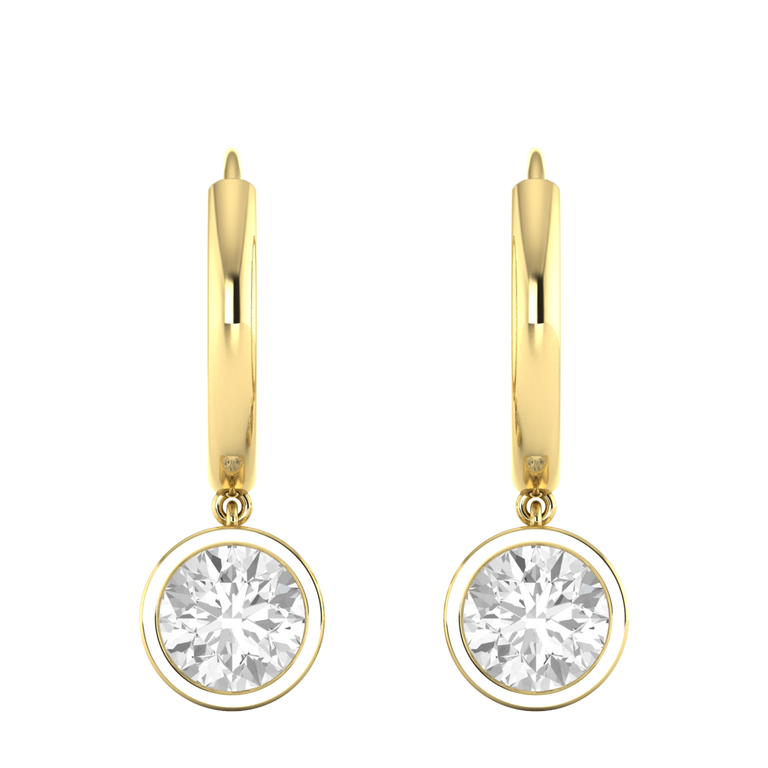 Bezel Drop Round Solar Diamond 18K Yellow Gold Earrings