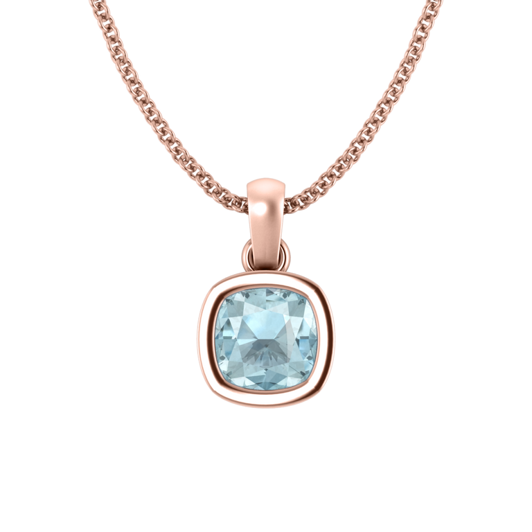 Bezel Cushion Cut Aquamarine 18K Rose Gold Pendant Necklace