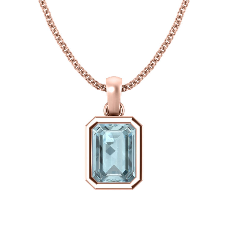 Bezel Emerald Cut Aquamarine 18K Rose Gold Pendant Necklace