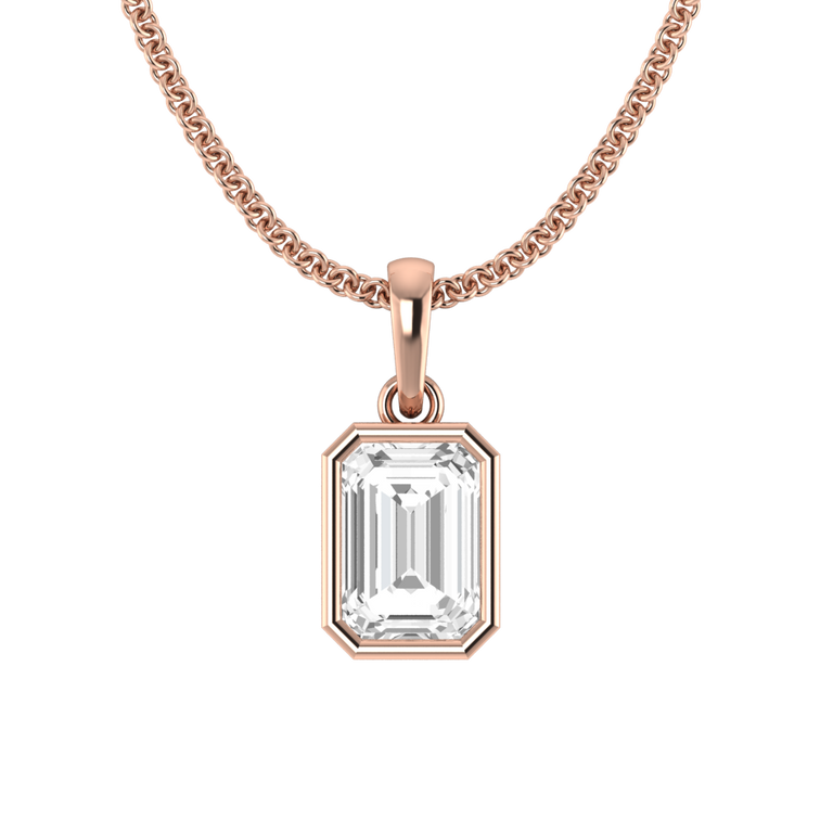 Bezel Emerald Cut Solar Diamond 18K Rose Gold Pendant Necklace