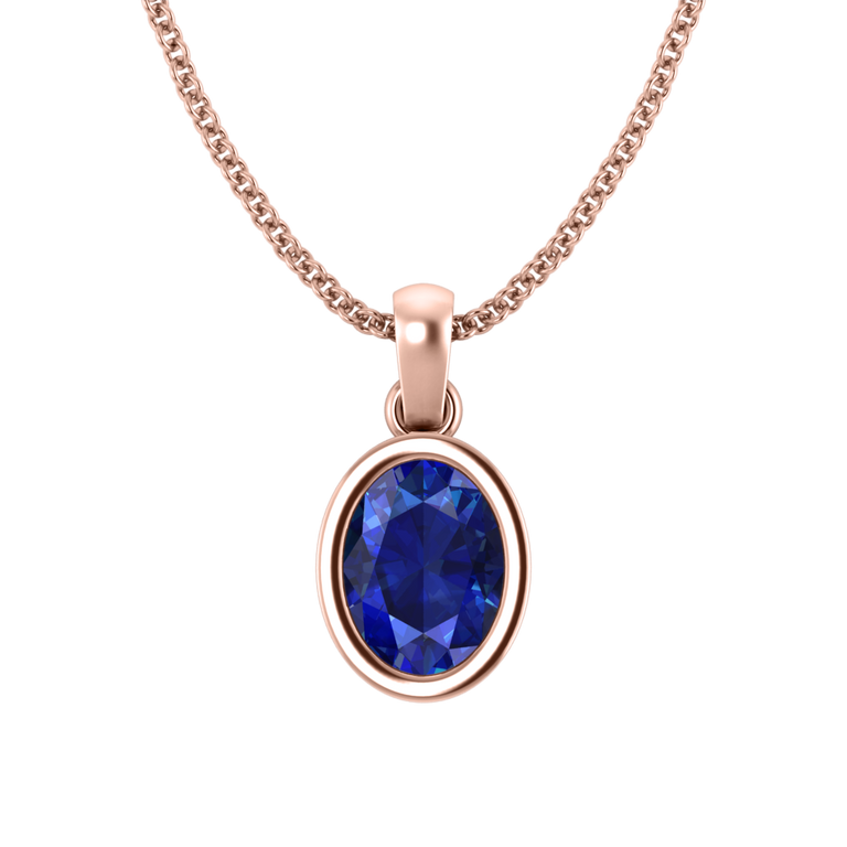 Bezel Oval Cut Blue Sapphire 18K Rose Gold Pendant Necklace