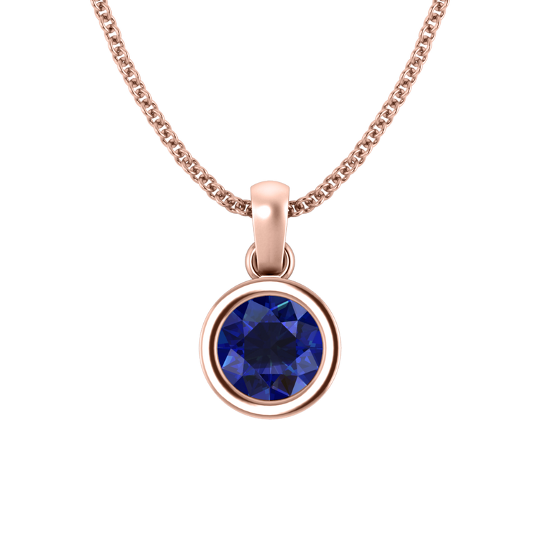 Bezel Round Cut Blue Sapphire 18K Rose Gold Pendant Necklace