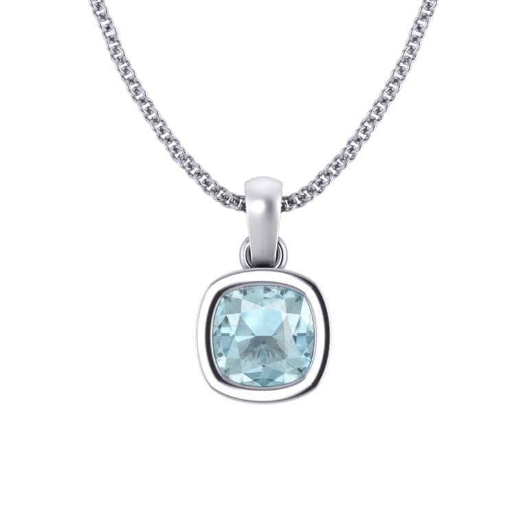 Bezel Cushion Cut Aquamarine 18K White Gold Pendant Necklace