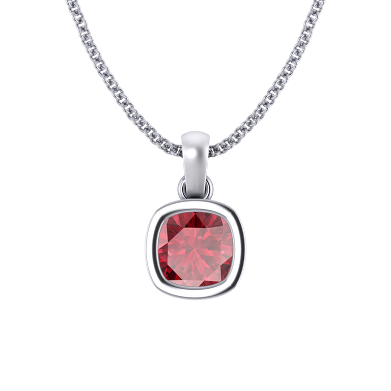 Bezel Cushion Cut Ruby 18K White Gold Pendant Necklace