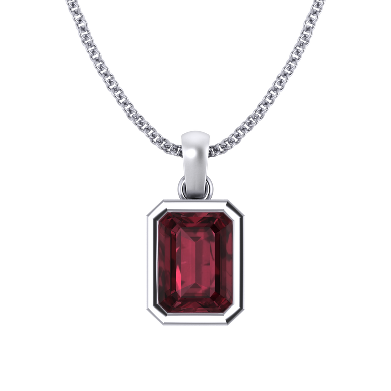 Bezel Emerald Cut Garnet 18K White Gold Pendant Necklace