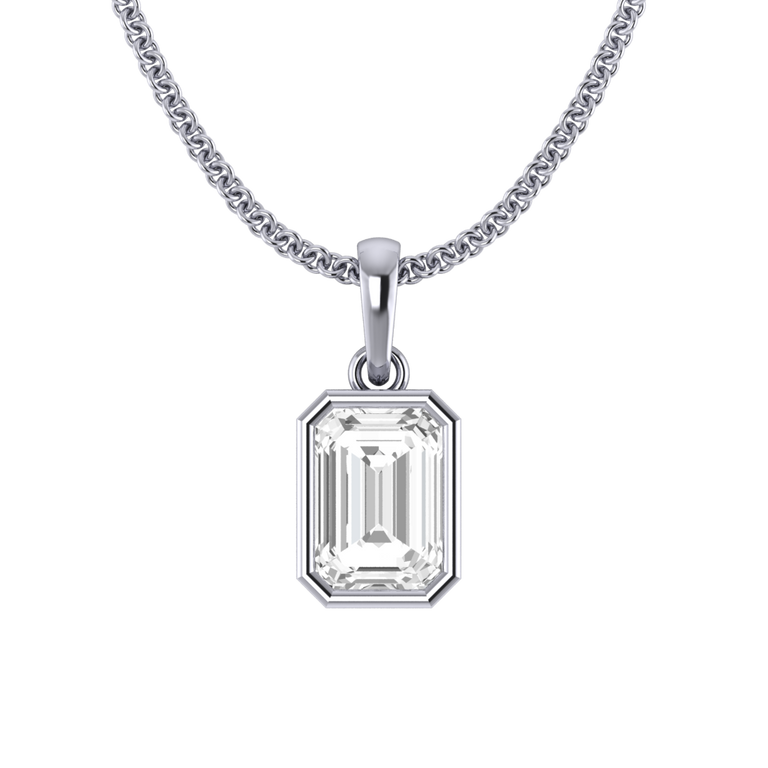 Bezel Emerald Cut Solar Diamond 18K White Gold Pendant Necklace