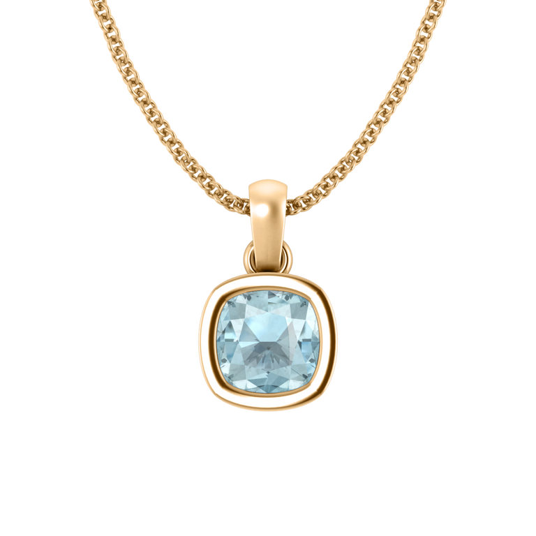 Bezel Cushion Cut Aquamarine 18K Yellow Gold Pendant Necklace