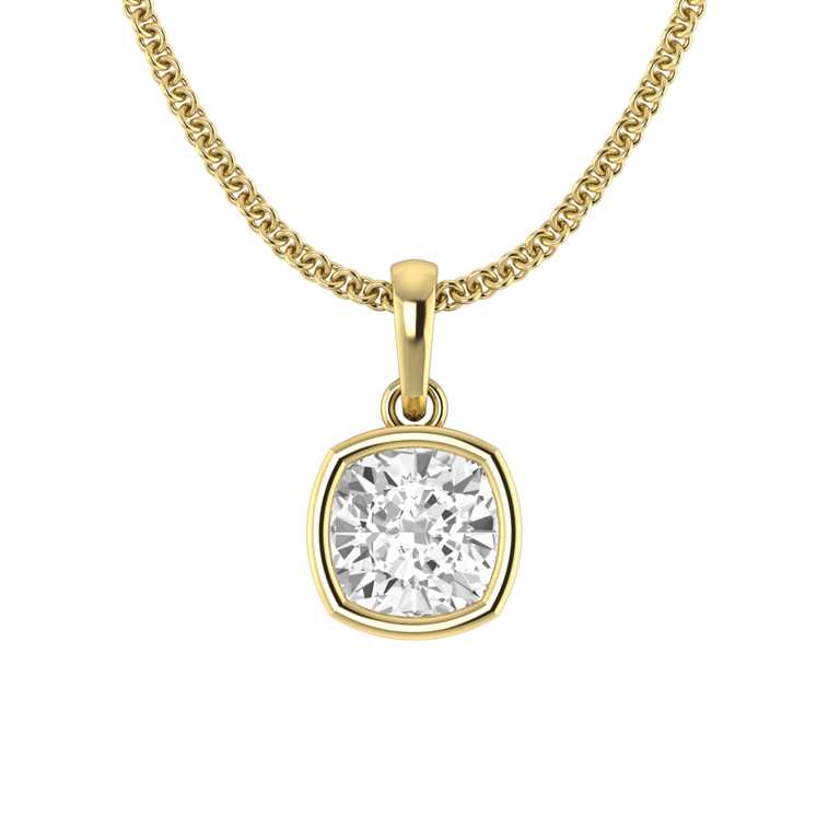 Bezel Cushion Cut Solar Diamond 18K Yellow Gold Pendant Necklace