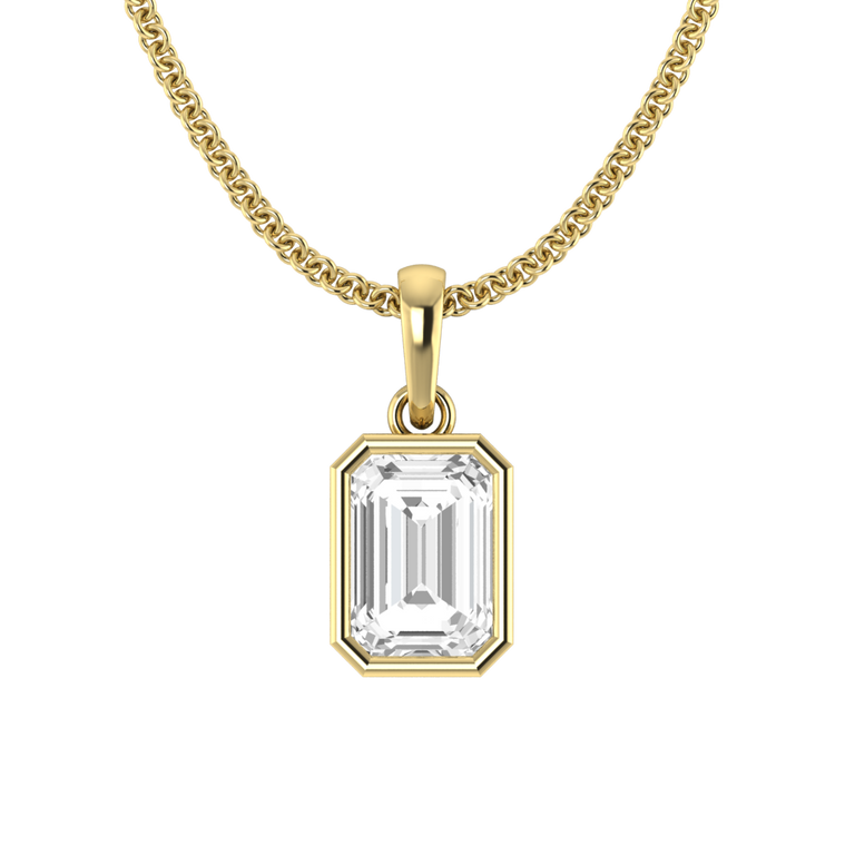 Bezel Emerald Cut Solar Diamond 18K Yellow Gold Pendant Necklace
