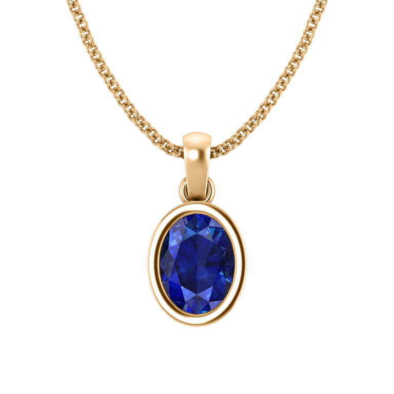 Bezel Oval Cut Blue Sapphire 18K Yellow Gold Pendant Necklace