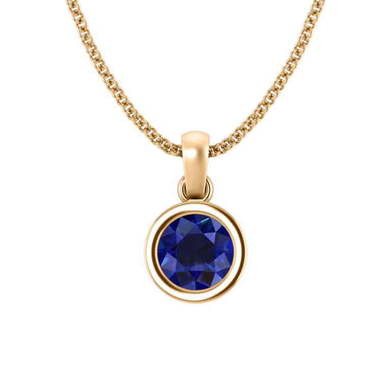 Bezel Round Cut Blue Sapphire 18K Yellow Gold Pendant Necklace