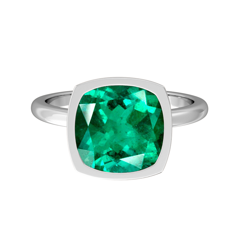 Bezel Cushion Emerald Platinum Ring