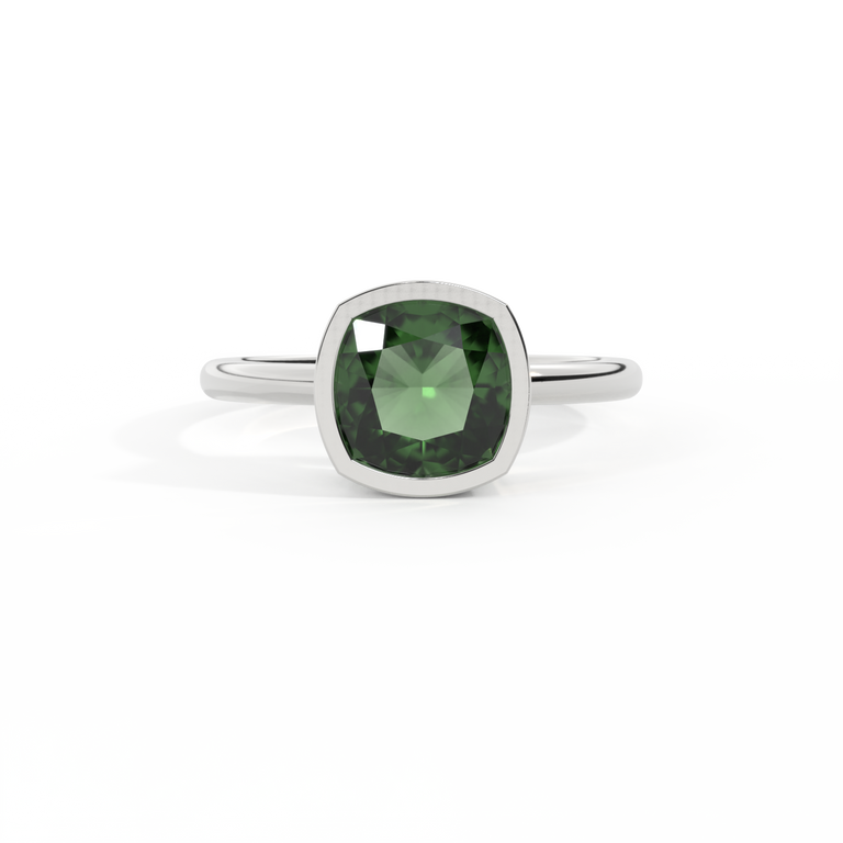 Bezel Cushion Green Sapphire Platinum Ring