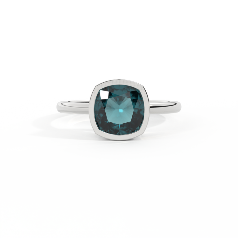 Bezel Cushion Teal Sapphire Platinum Ring