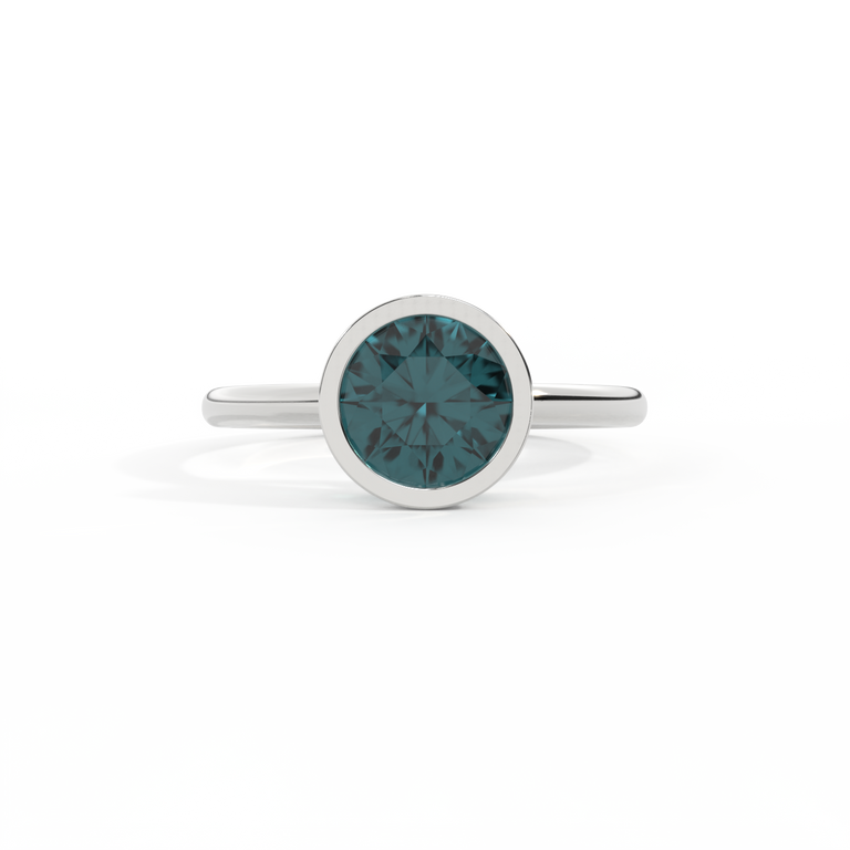 Bezel Round Teal Sapphire Platinum Ring