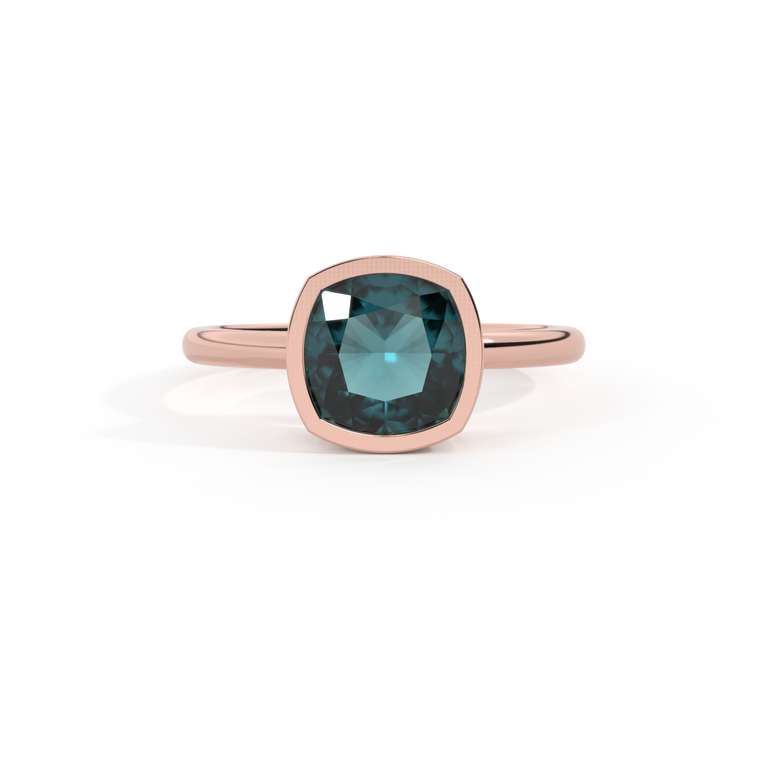 Bezel Cushion Teal Sapphire 18K Rose Gold Ring