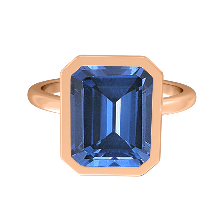 Bezel Emerald Blue Sapphire 18K Rose Gold Ring