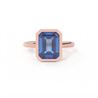 Bezel Emerald Blue Sapphire 18K Rose Gold Ring