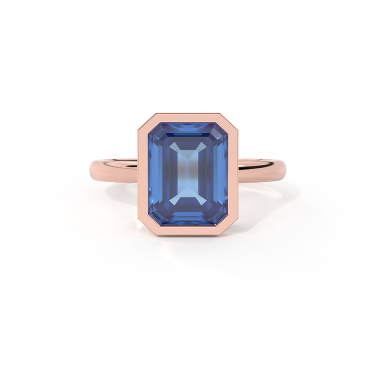 Bezel Emerald Blue Sapphire 18K Rose Gold Ring