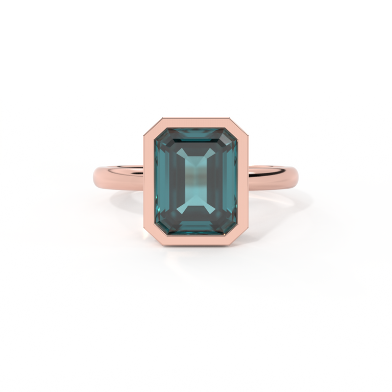 Bezel Emerald Teal Sapphire 18K Rose Gold Ring