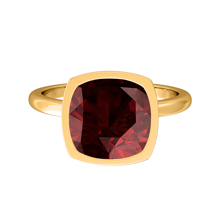 Treasure Box Bezel Cushion Cut Big Garnet 18K Yellow Gold