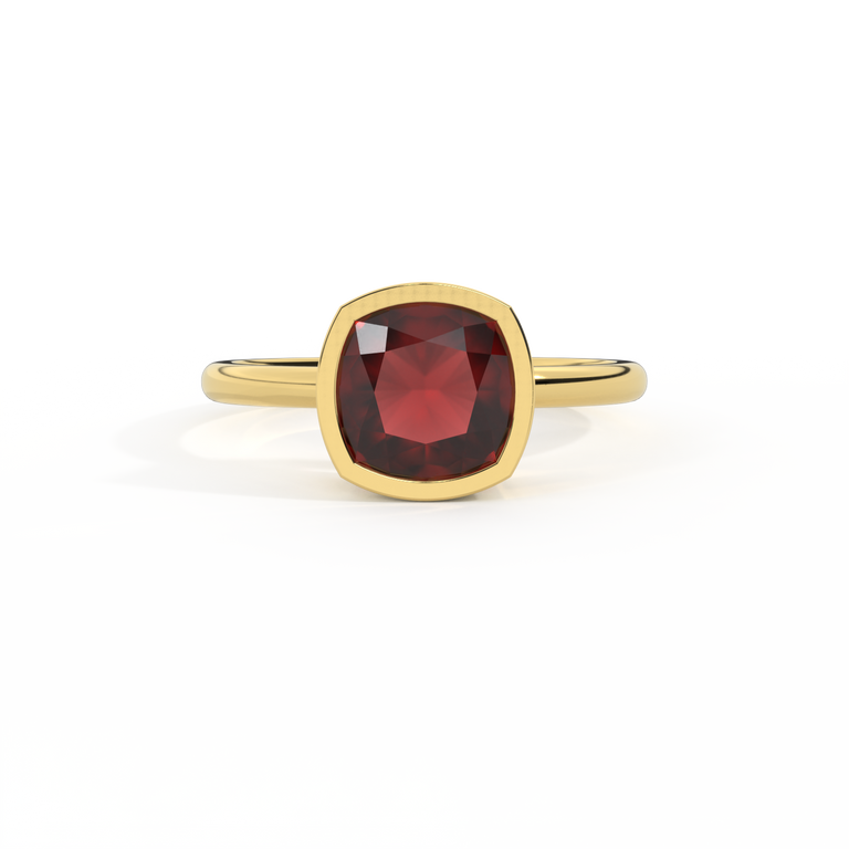 Treasure Box Bezel Cushion Cut Big Garnet 18K Yellow Gold