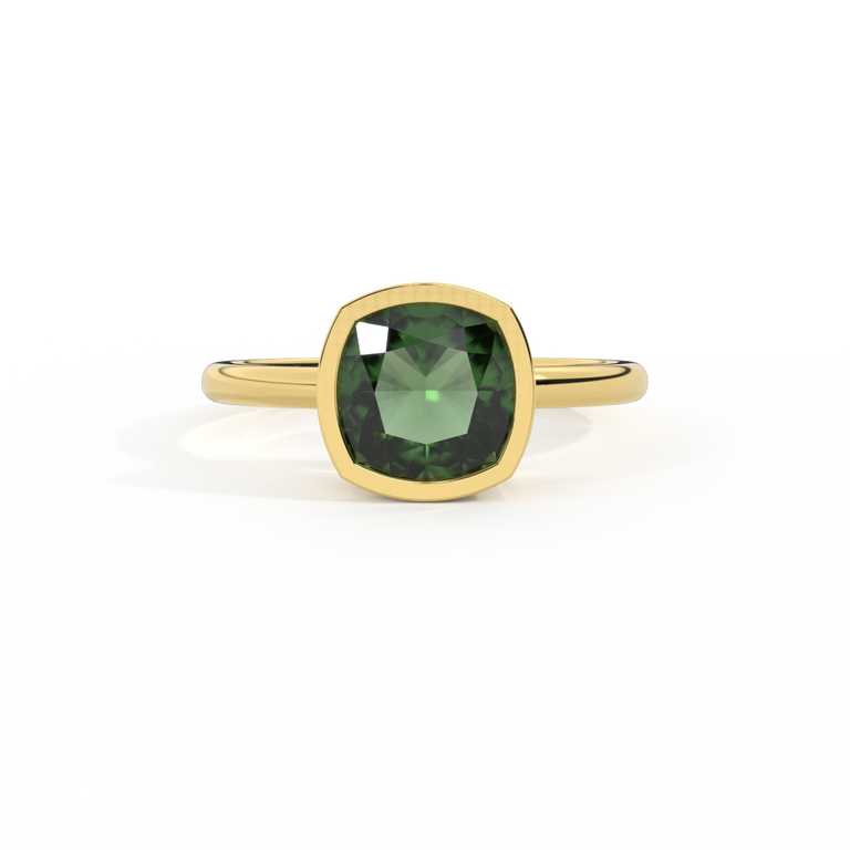 Bezel Cushion Green Sapphire 18K Yellow Gold Ring