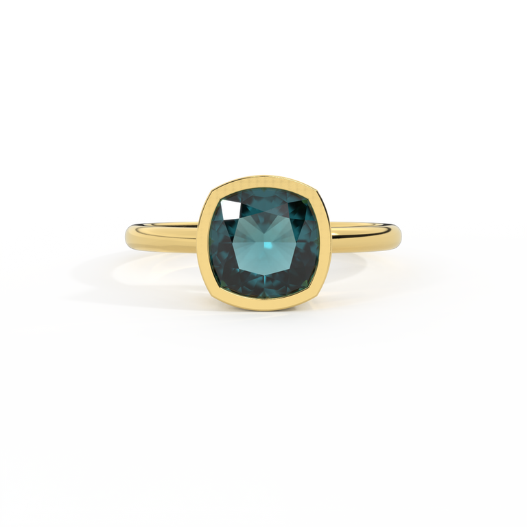 Bezel Cushion Teal Sapphire 18K Yellow Gold Ring