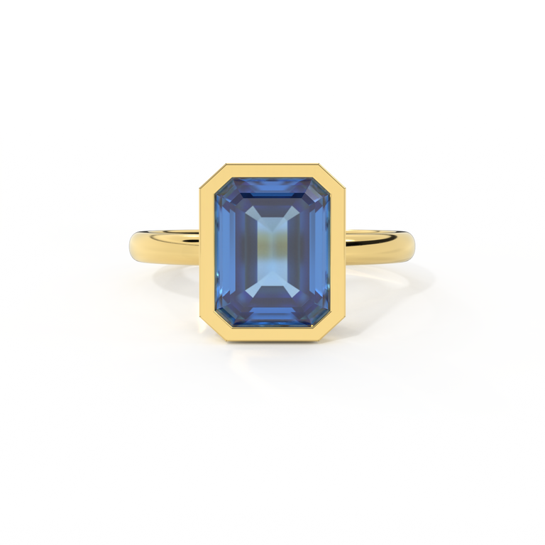 Bezel Emerald Blue Sapphire 18K Yellow Gold Ring